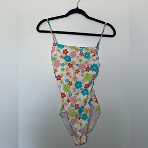 Pink and White One Piece Swimsuit with Floral Design
